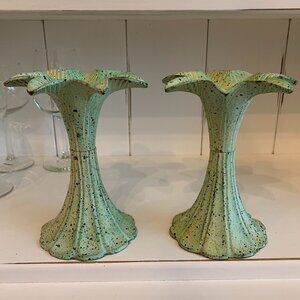Vintage Art Deco Coastal Palm Tree Sold Brass Patina Painted Candlestick Holders